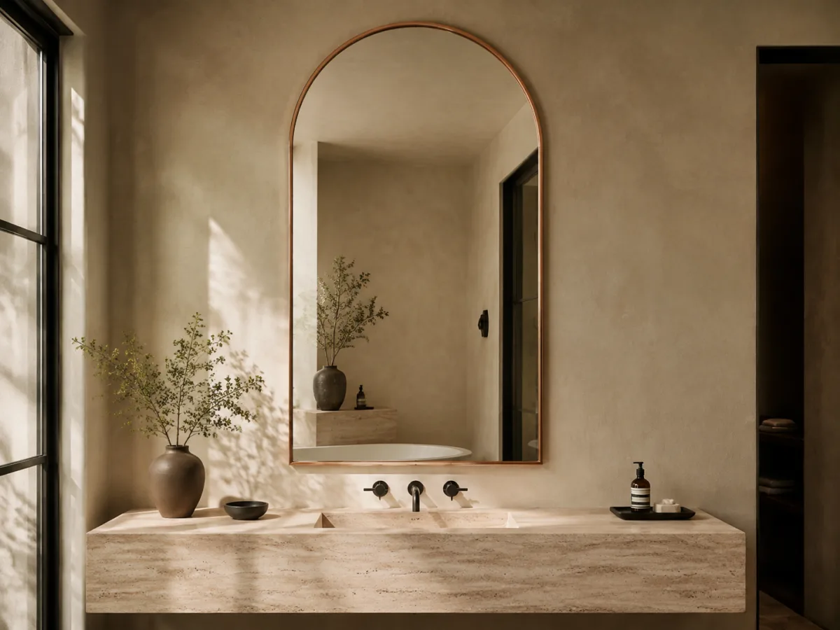 Arched satin-copper framed mirror in a boutique hotel bathroom