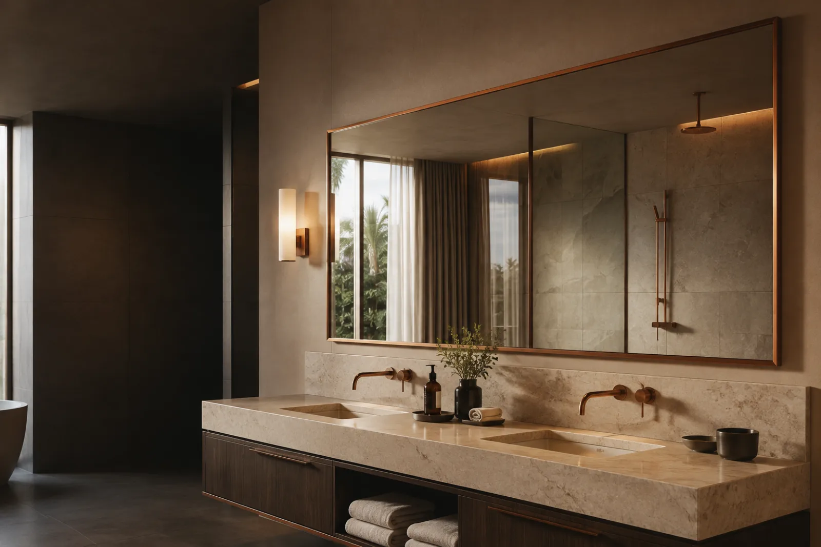 Custom copper-finish framed mirror in a hospitality bathroom