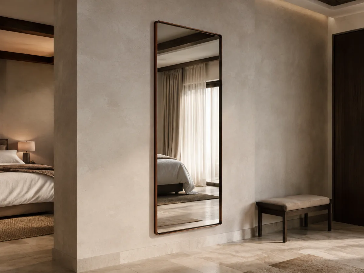 Wall-mounted full-length mirror with a dark antique copper frame