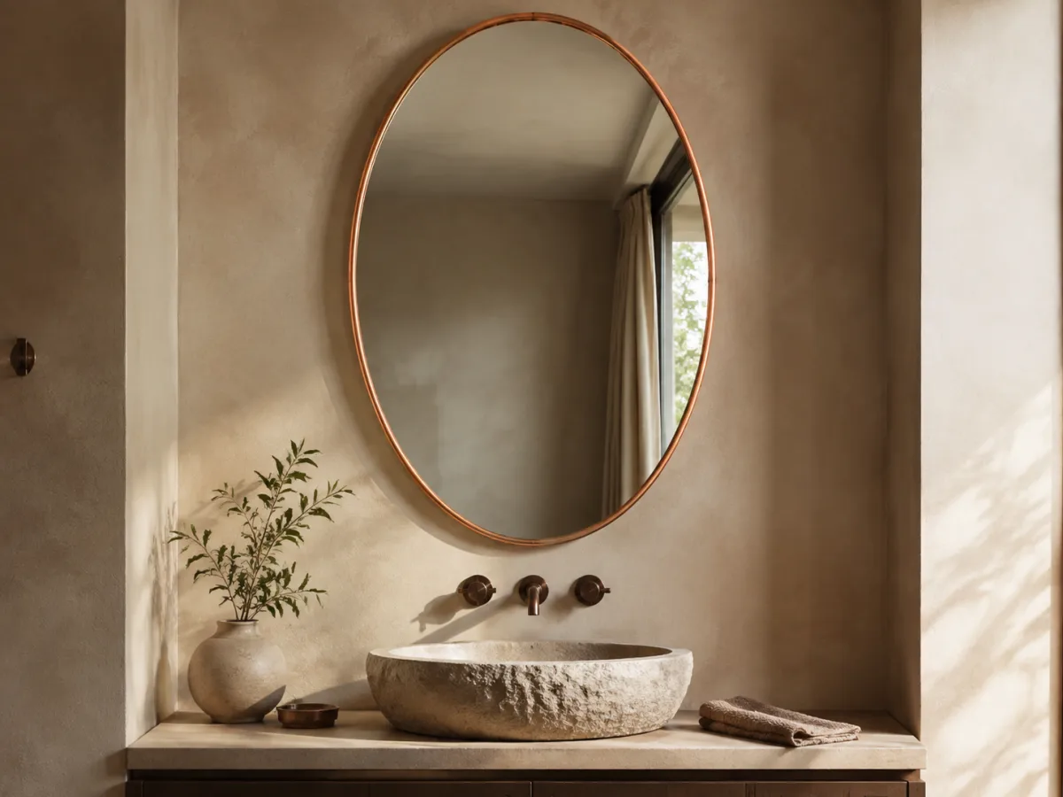 True oval brushed-copper framed mirror in a boutique hotel vanity niche