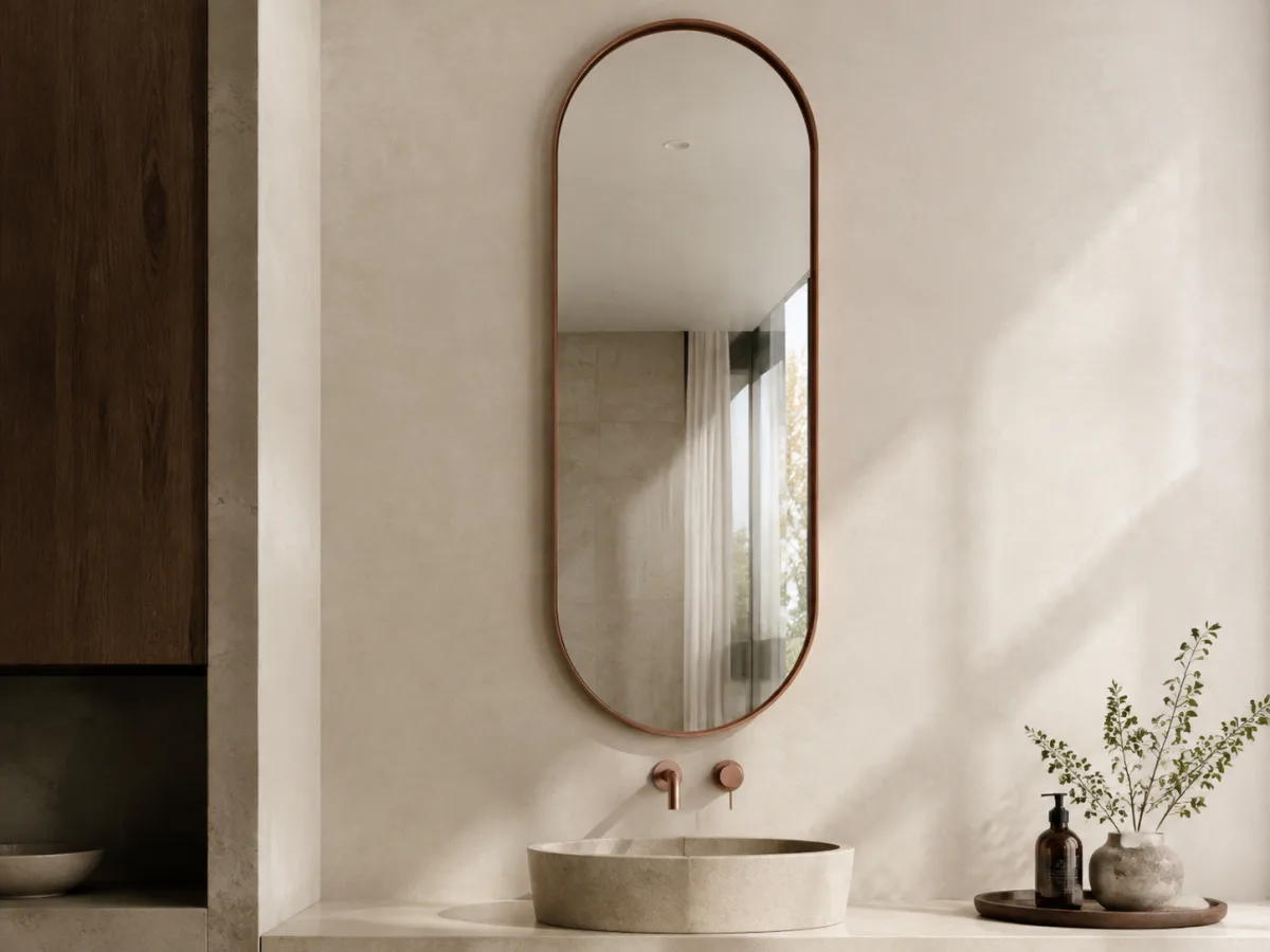 Pill-shaped red-antique-copper framed mirror with straight sides and rounded ends