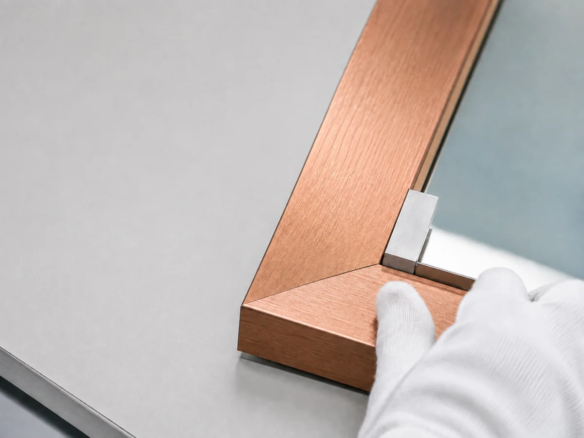Close-up concept of a brushed-copper mirror frame miter joint and frame-to-glass alignment inspection