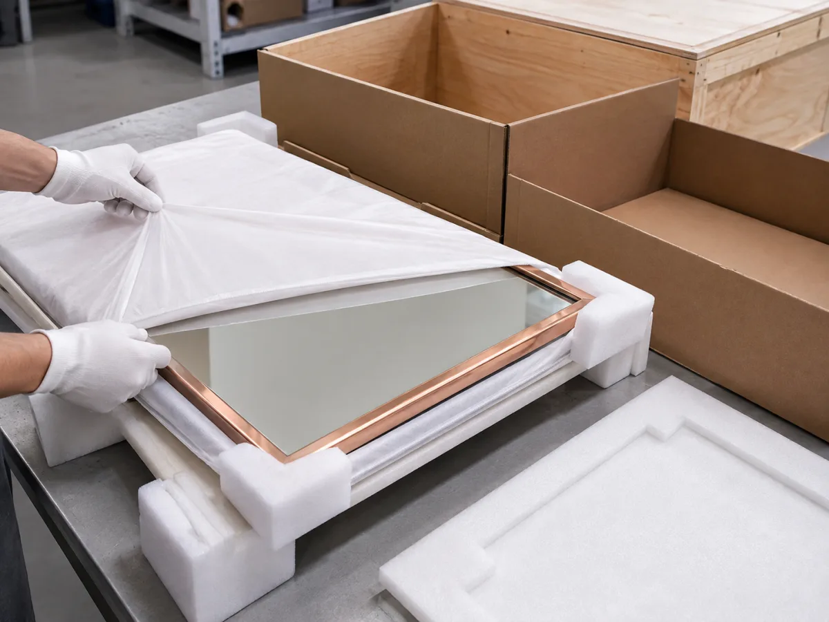 Concept of a copper framed mirror protected with a sleeve, corner blocks, foam and export cartons