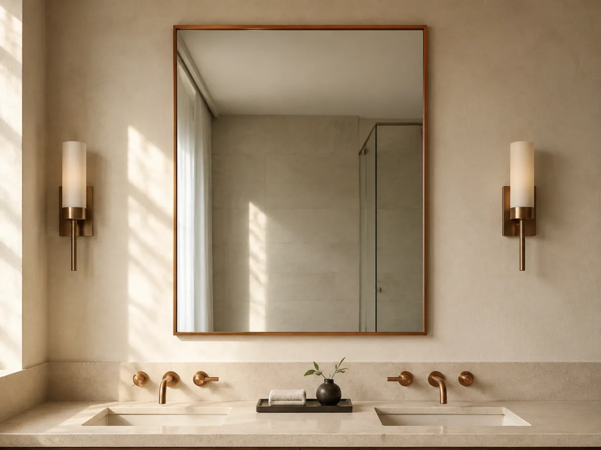 Rectangular satin-copper framed mirror above a hotel double vanity
