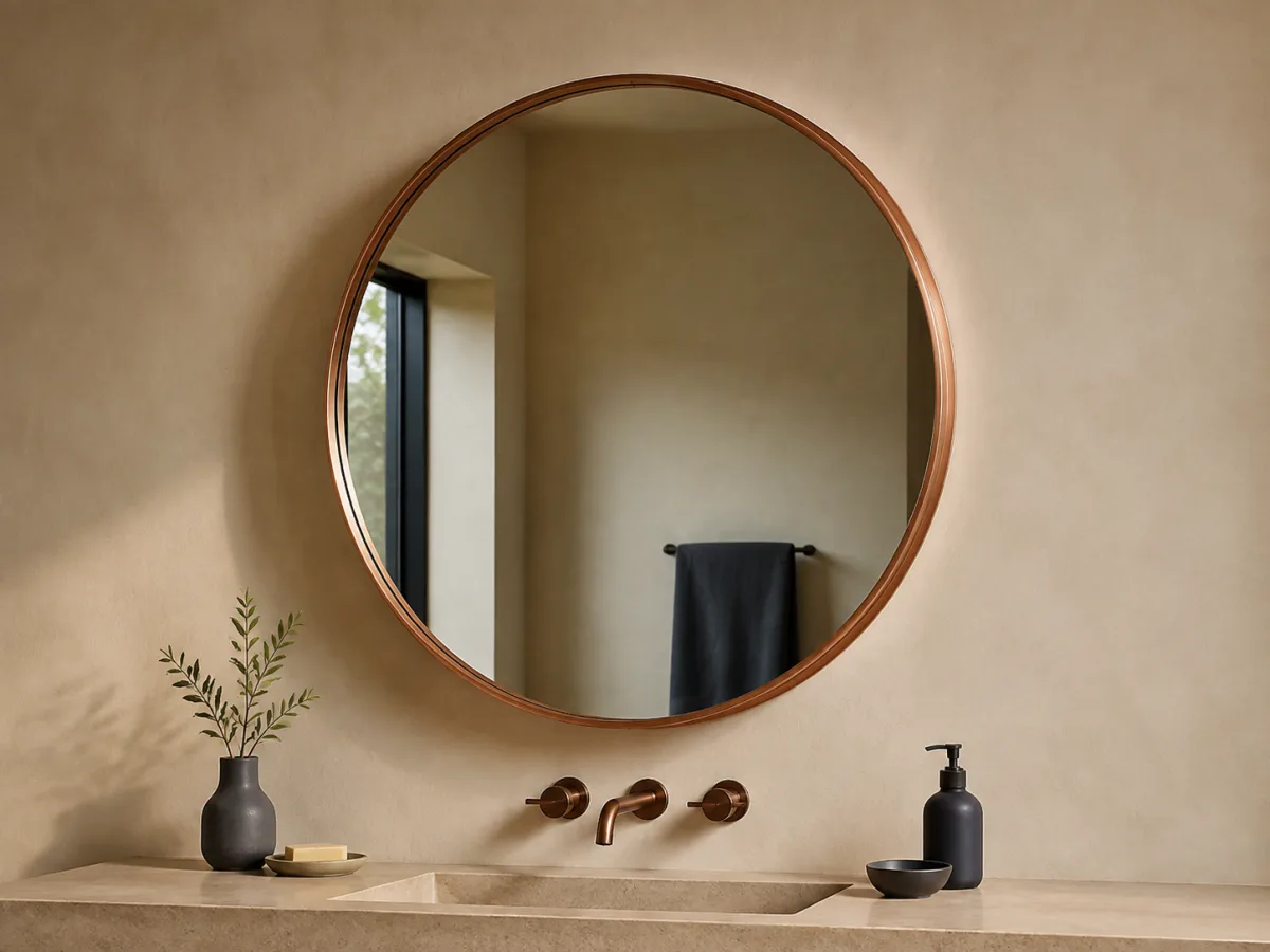 Round brushed-copper framed mirror above a stone hotel vanity