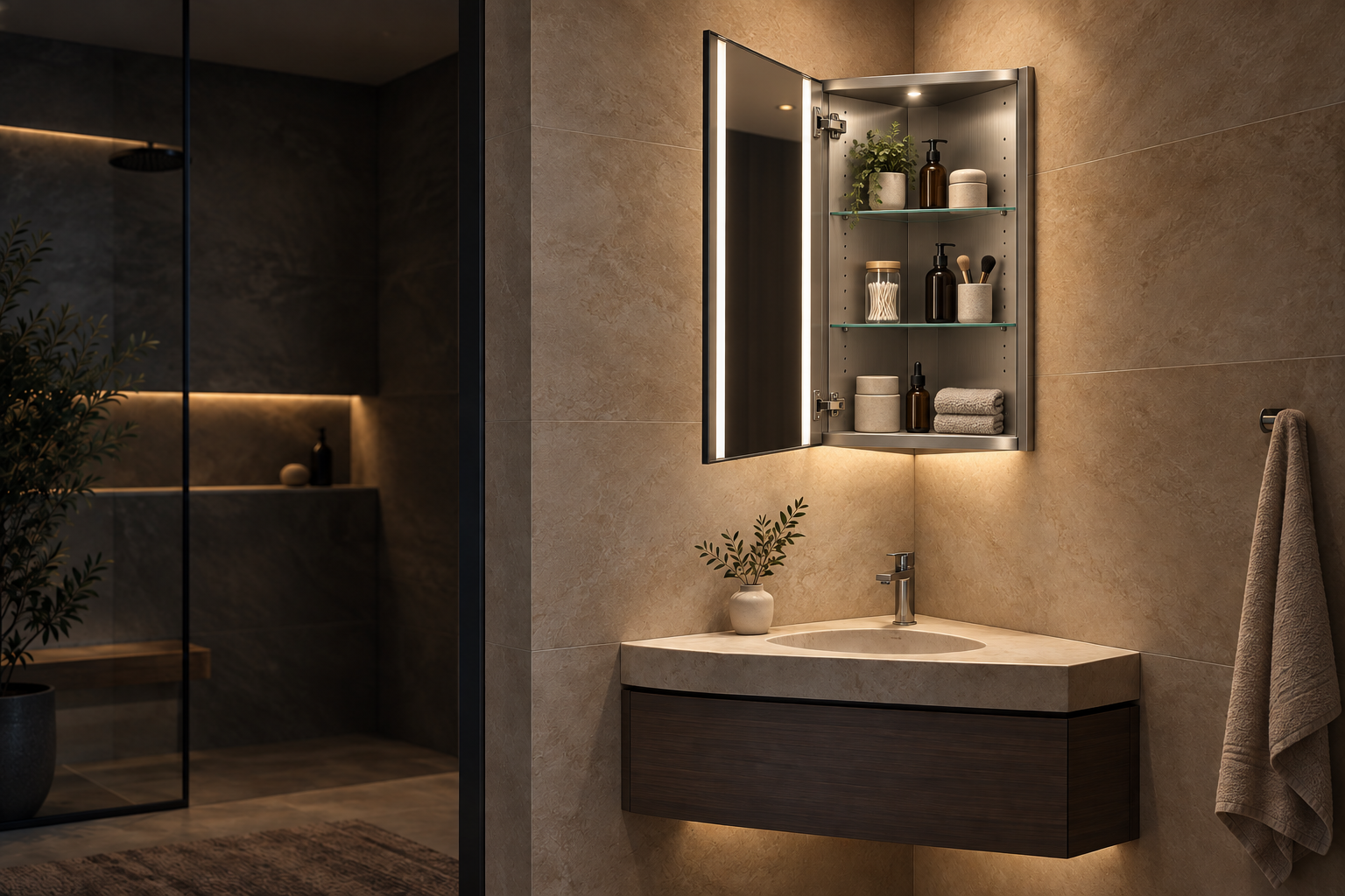 Open wall mounted corner medicine cabinet with mirrored door and adjustable shelves
