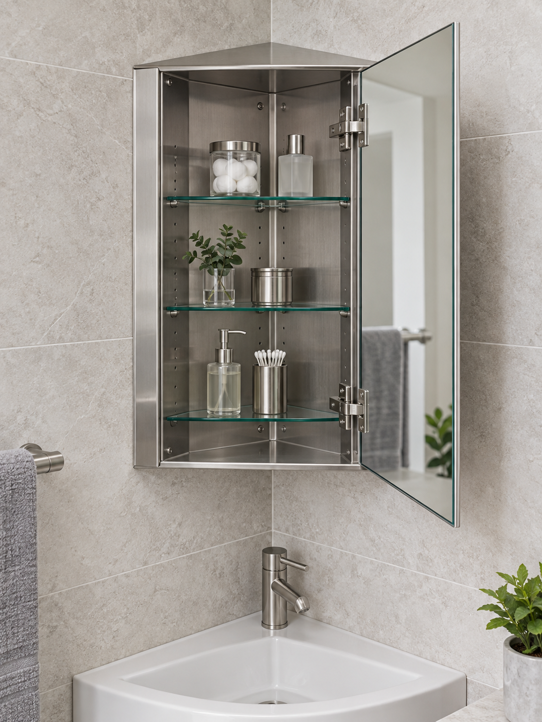 Open brushed stainless steel corner medicine cabinet with mirrored door and glass shelves