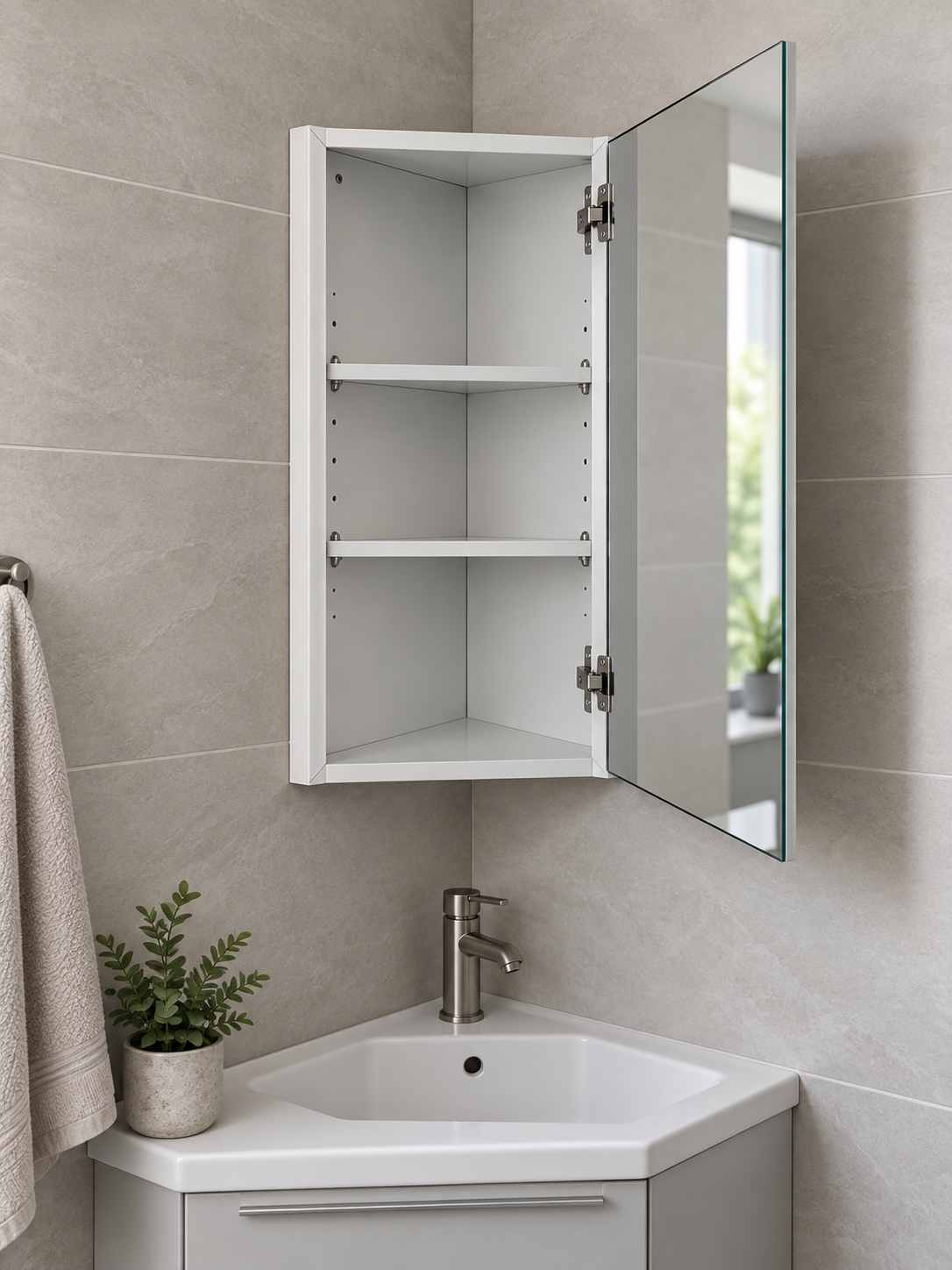 Open white painted steel corner medicine cabinet with mirrored door and adjustable shelves