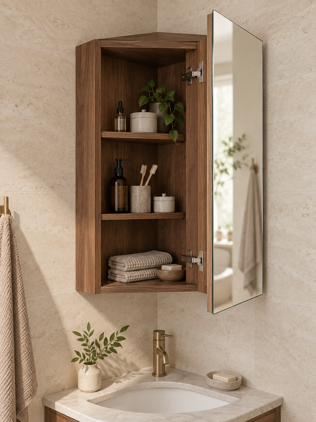 Open walnut wood corner medicine cabinet with mirrored door and wood shelves