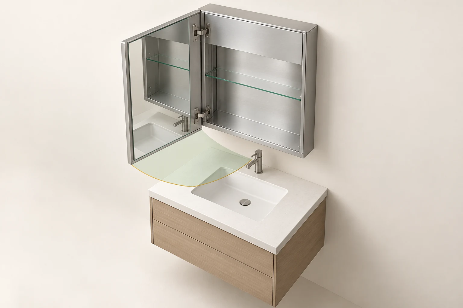 Three-dimensional mirrored cabinet with an open door and a highlighted clearance envelope above the basin