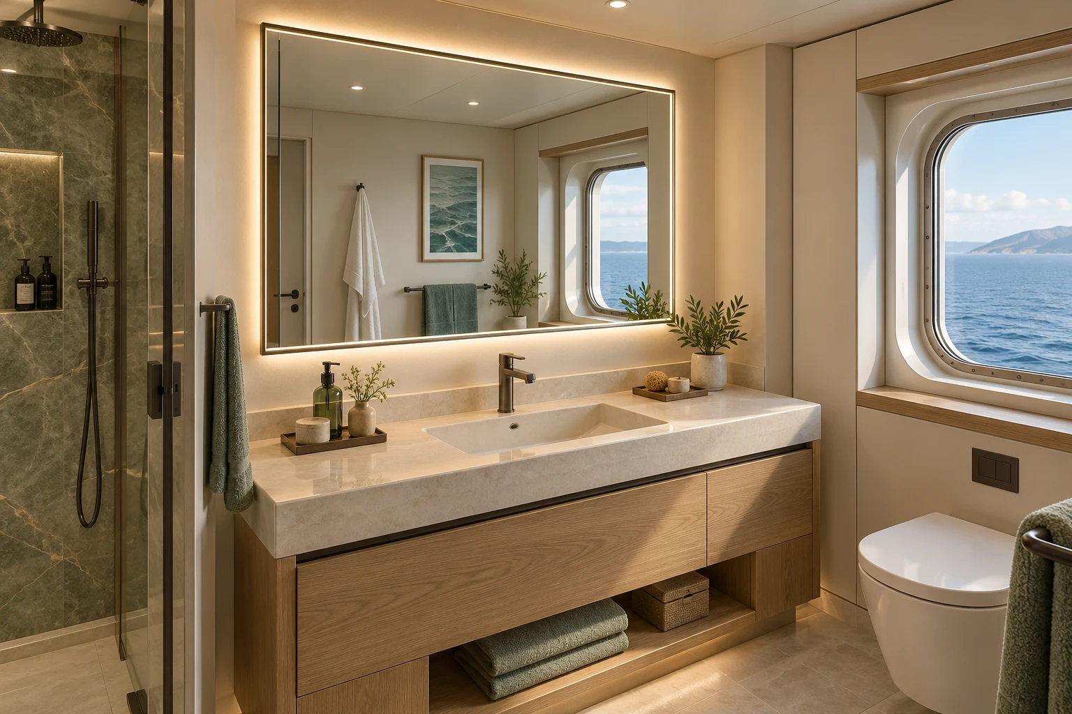 Illuminated mirror above a cruise cabin bathroom vanity