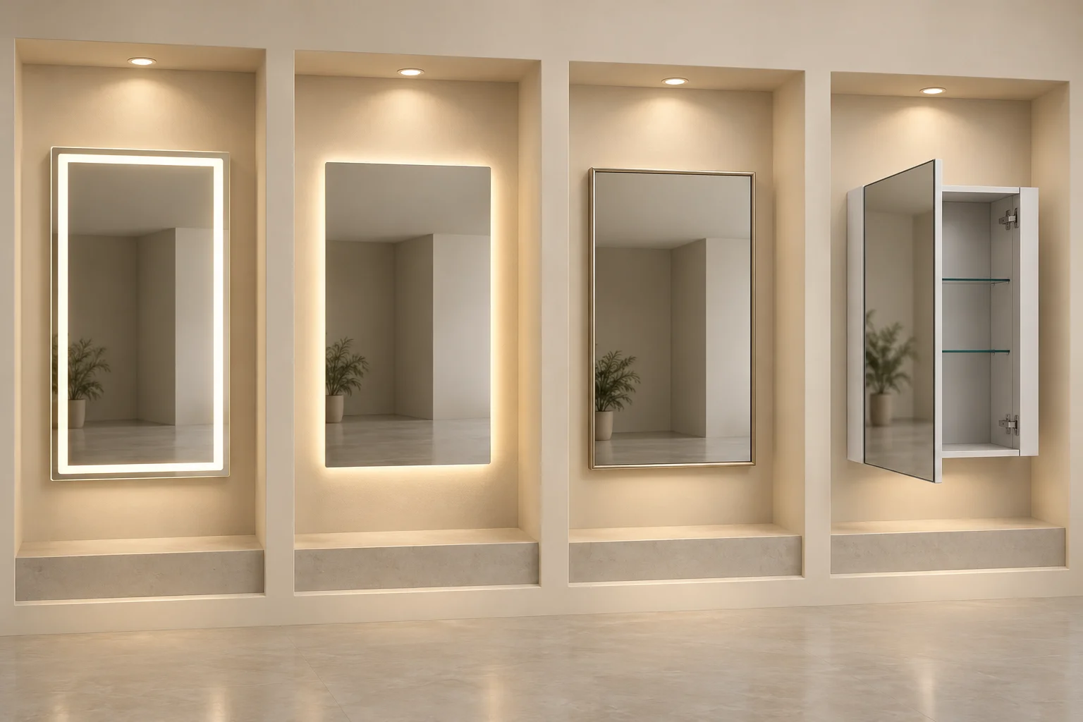 3D comparison of a front-lit mirror, backlit mirror, champagne framed mirror and open single-door mirrored cabinet