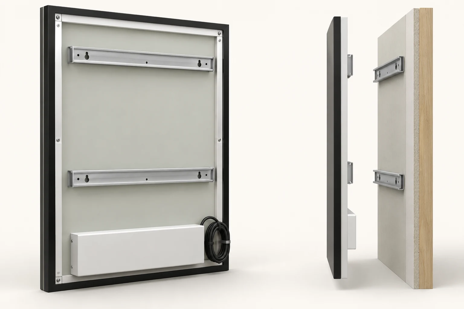 Three-dimensional view of mirror rear components and a separated wall mounting interface