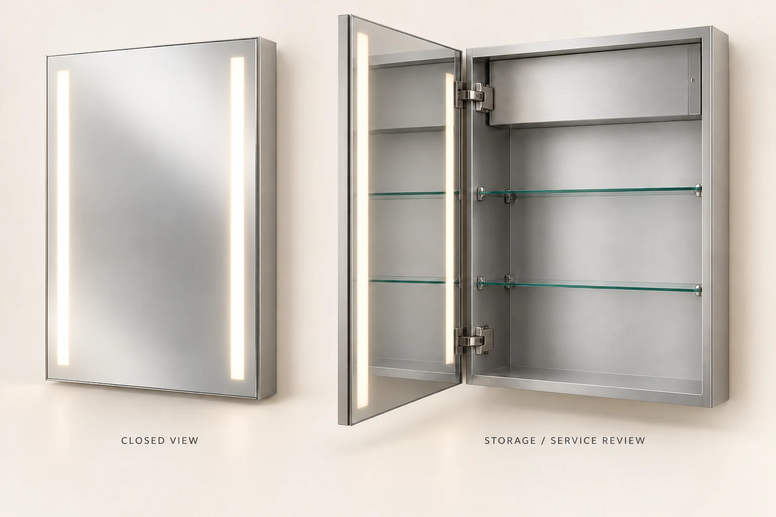 Mirrored cabinet shown closed and open with glass shelves and a separate upper service enclosure