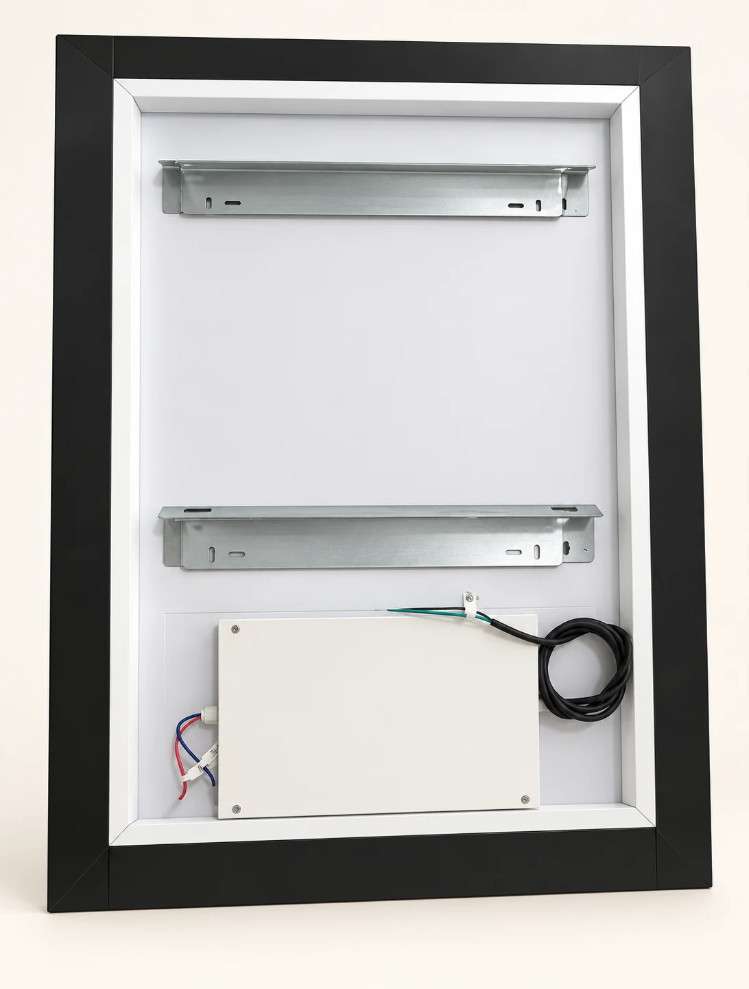 Reference-based rear-view rendering of a mirror with a white inner frame, two horizontal mounting rails, a lower electrical enclosure and a coiled cable at the right