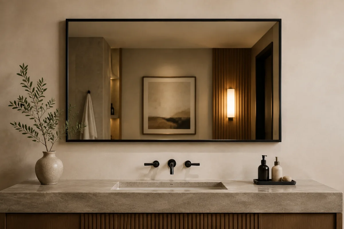 Custom rectangular metal framed bathroom mirror