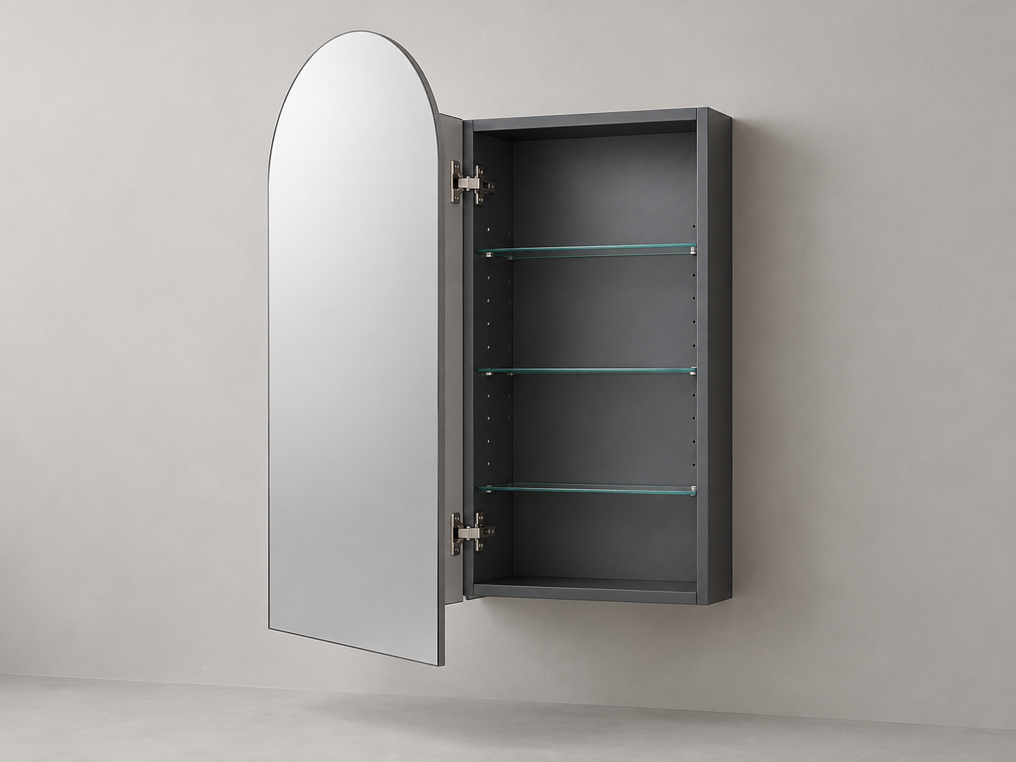 Arched mirror-door medicine cabinet shown open with a rectangular cabinet body and glass shelves