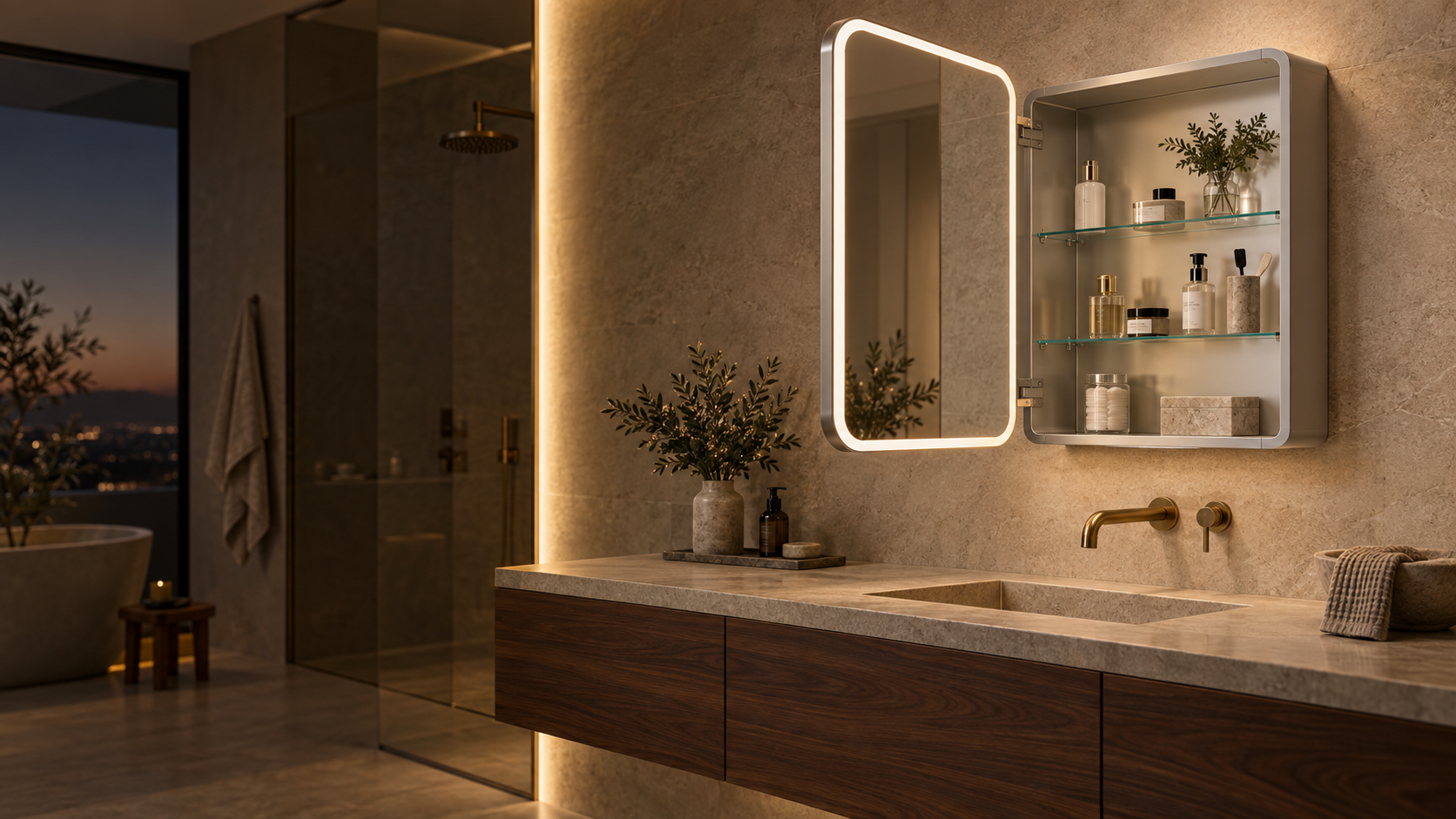 Custom lighted mirrored medicine cabinet with an open door and visible shelves
