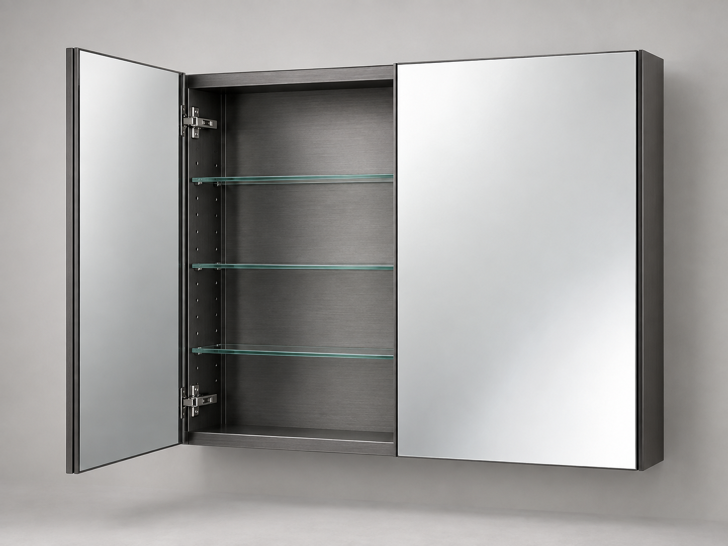 Double-door mirrored medicine cabinet with one door open and glass shelves visible