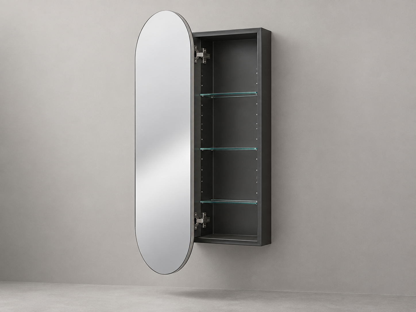 Vertical pill-shaped mirror-door medicine cabinet shown open with a rectangular cabinet body and glass shelves
