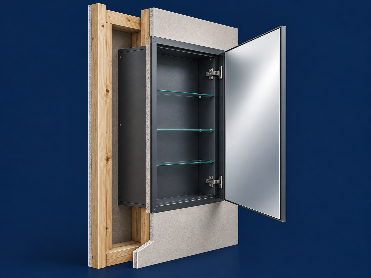 Three-dimensional cutaway of a recessed mirrored medicine cabinet inside a framed wall, with the mirror door open and three glass shelves visible