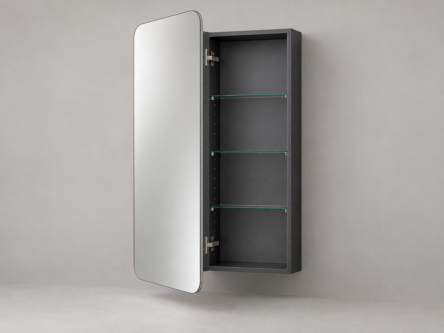 Rounded-rectangle mirror-door medicine cabinet shown open with a rectangular cabinet body and glass shelves