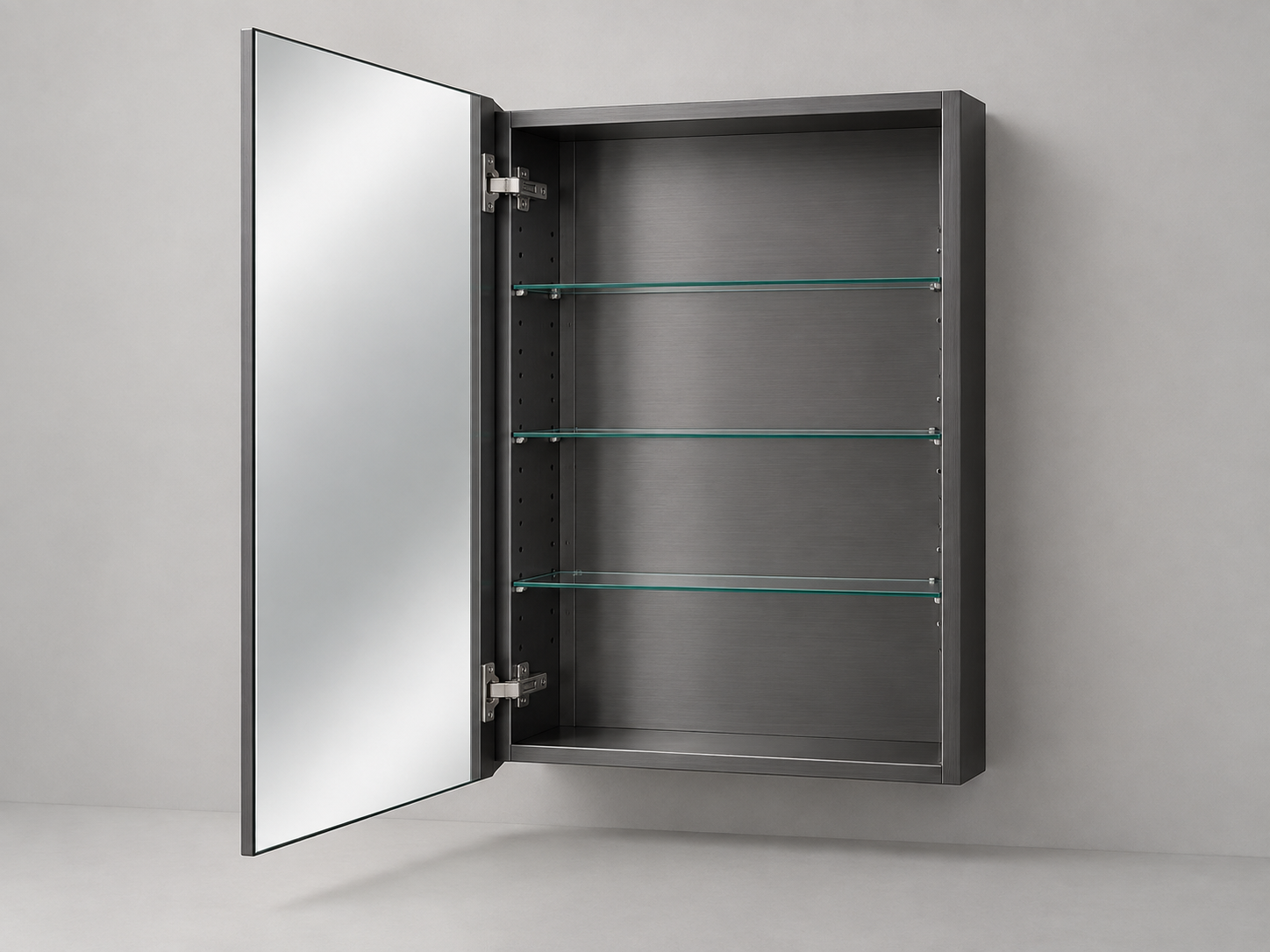 Single-door mirrored medicine cabinet with the door open and three glass shelves visible