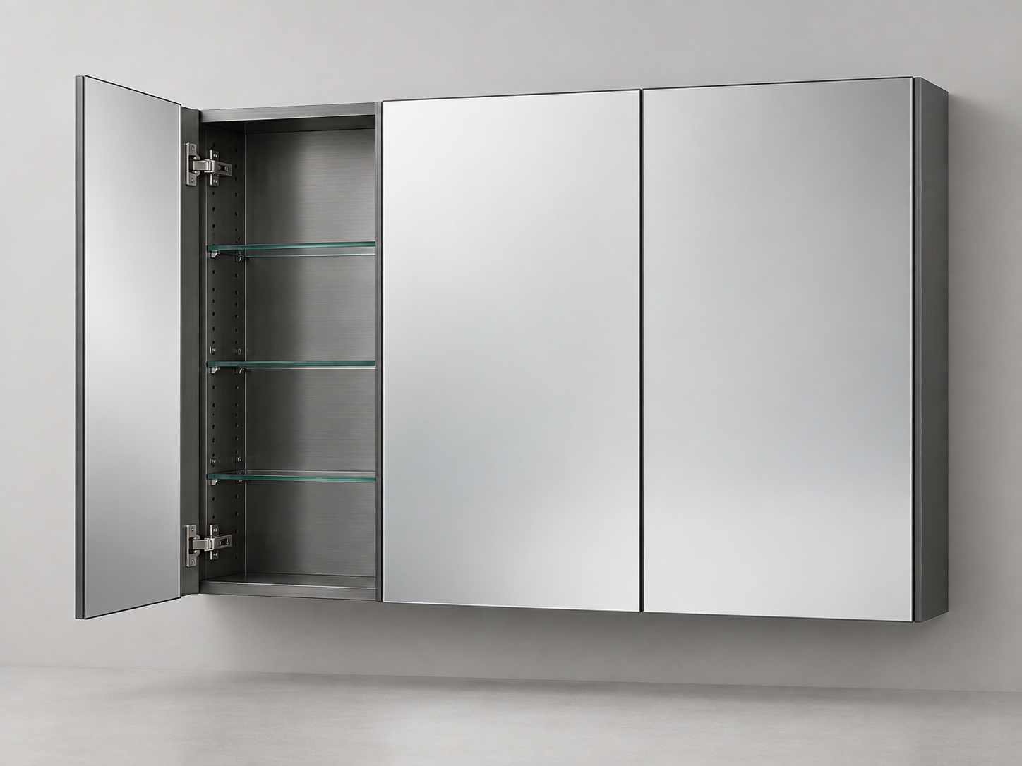 Triple-door mirrored medicine cabinet with one door open and glass shelves visible