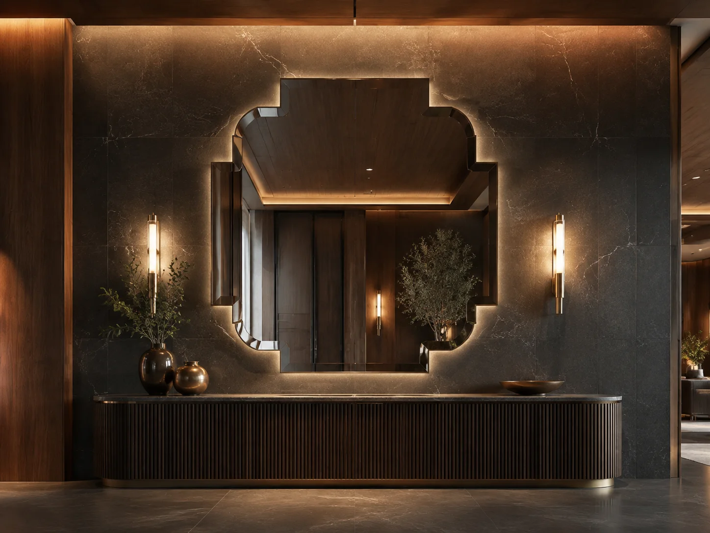 Architectural custom shaped backlit mirror in a commercial interior