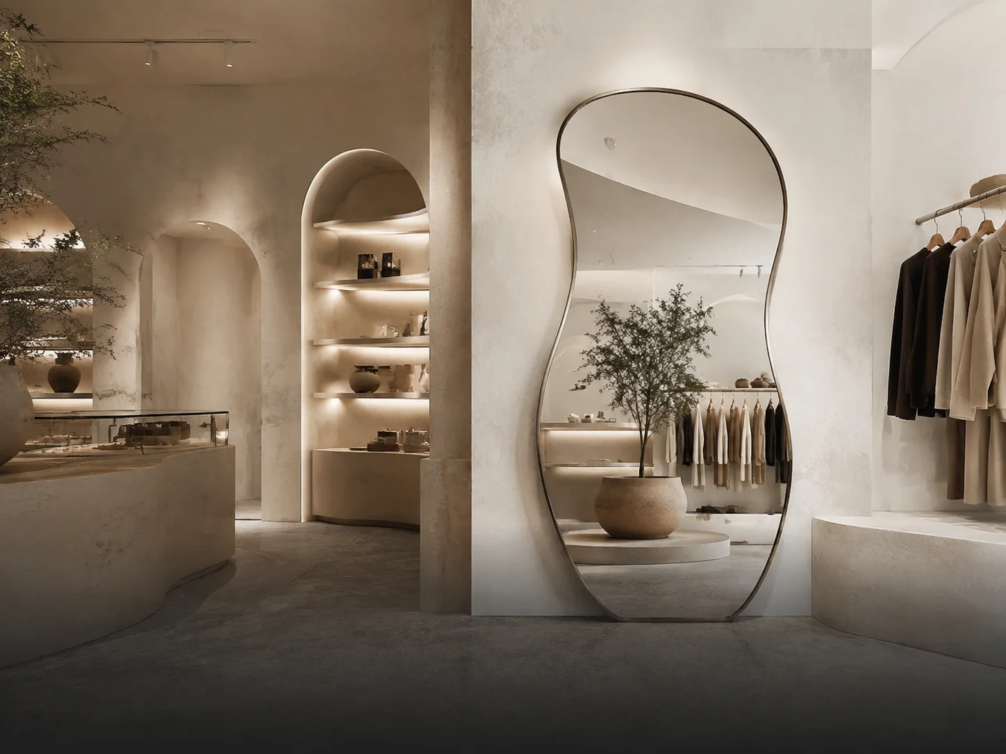 Sculptural organic custom shaped mirror in a premium retail store