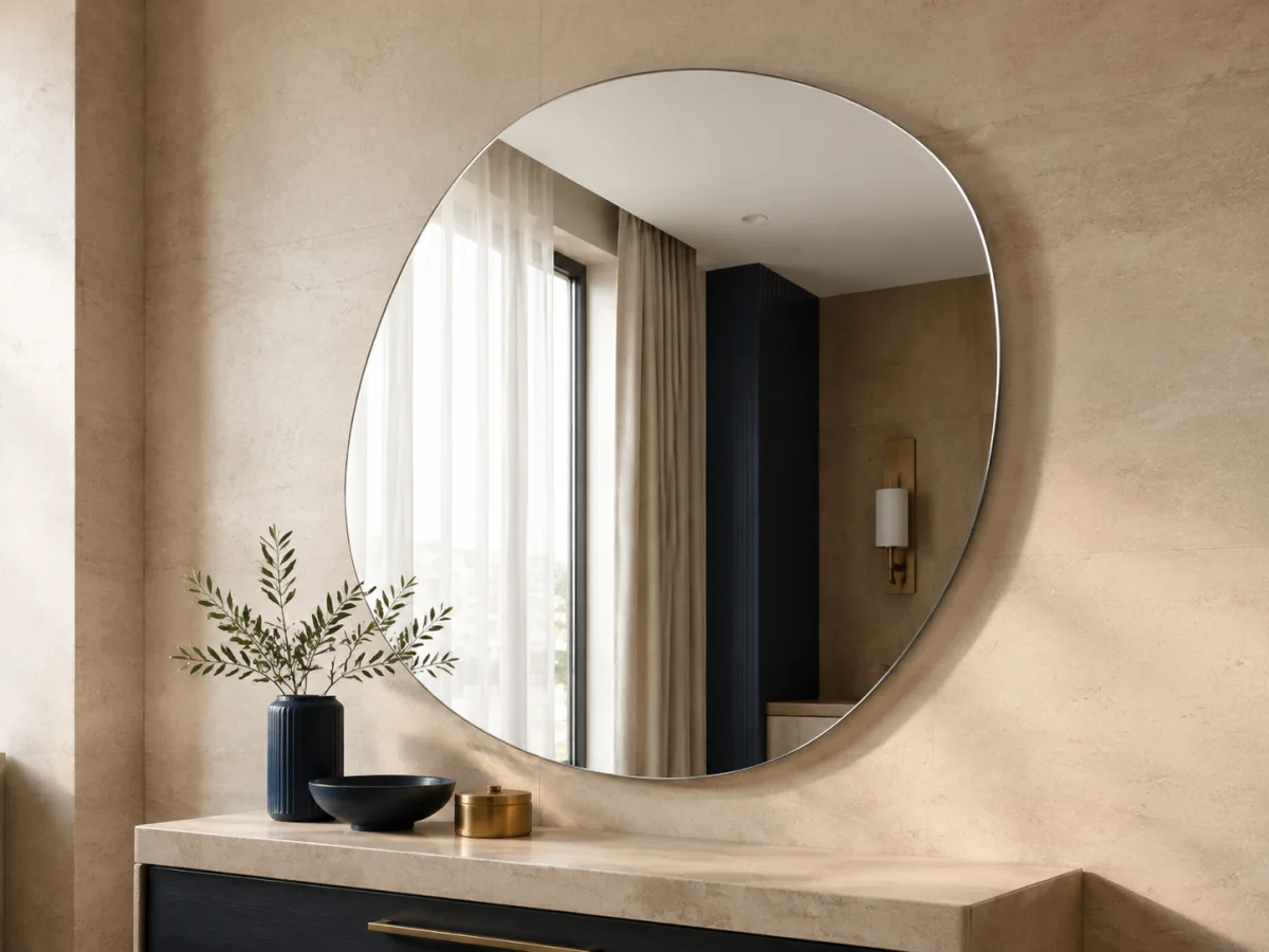 Frameless organic custom cut mirror in a contemporary interior