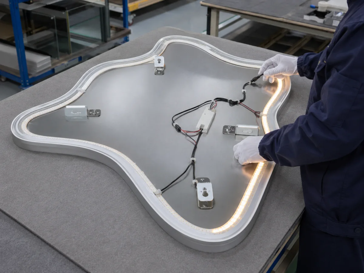 Technician reviewing the LED path and rear assembly of a custom shaped mirror