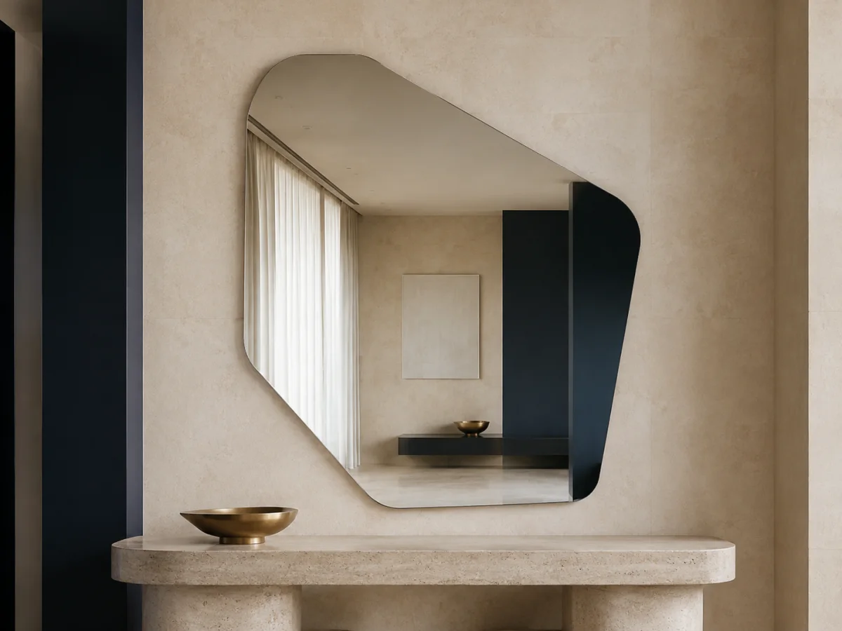 Frameless geometric custom mirror with controlled angled edges