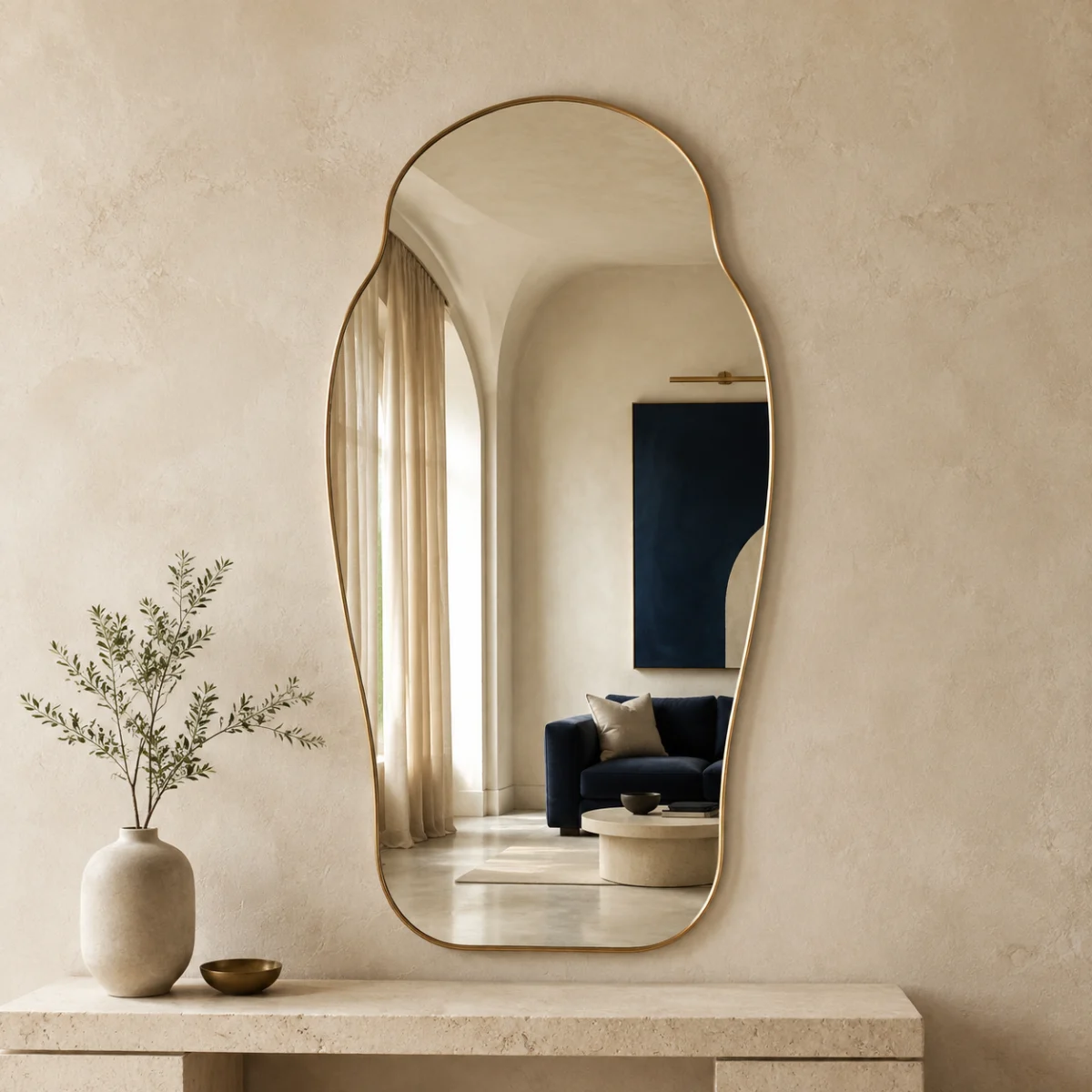 Complete modern custom shaped mirror in a warm contemporary interior