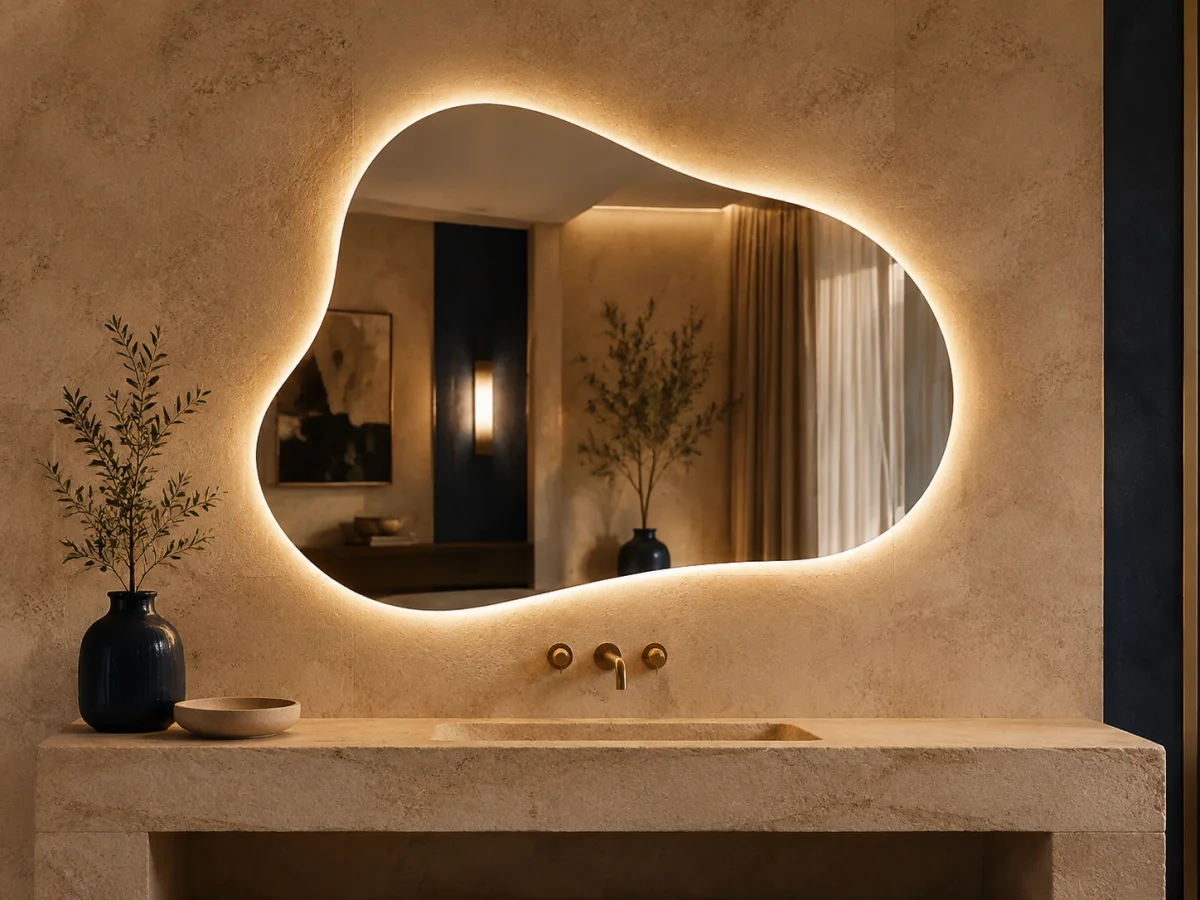 Illuminated organic custom shape mirror with continuous backlight