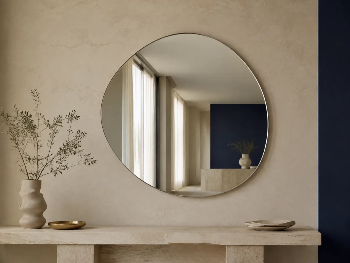 Frameless organic freeform mirror with a soft flowing outline