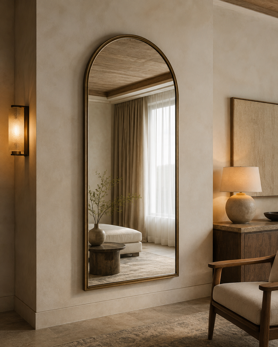 Arched antique-bronze framed mirror concept in a refined hospitality interior