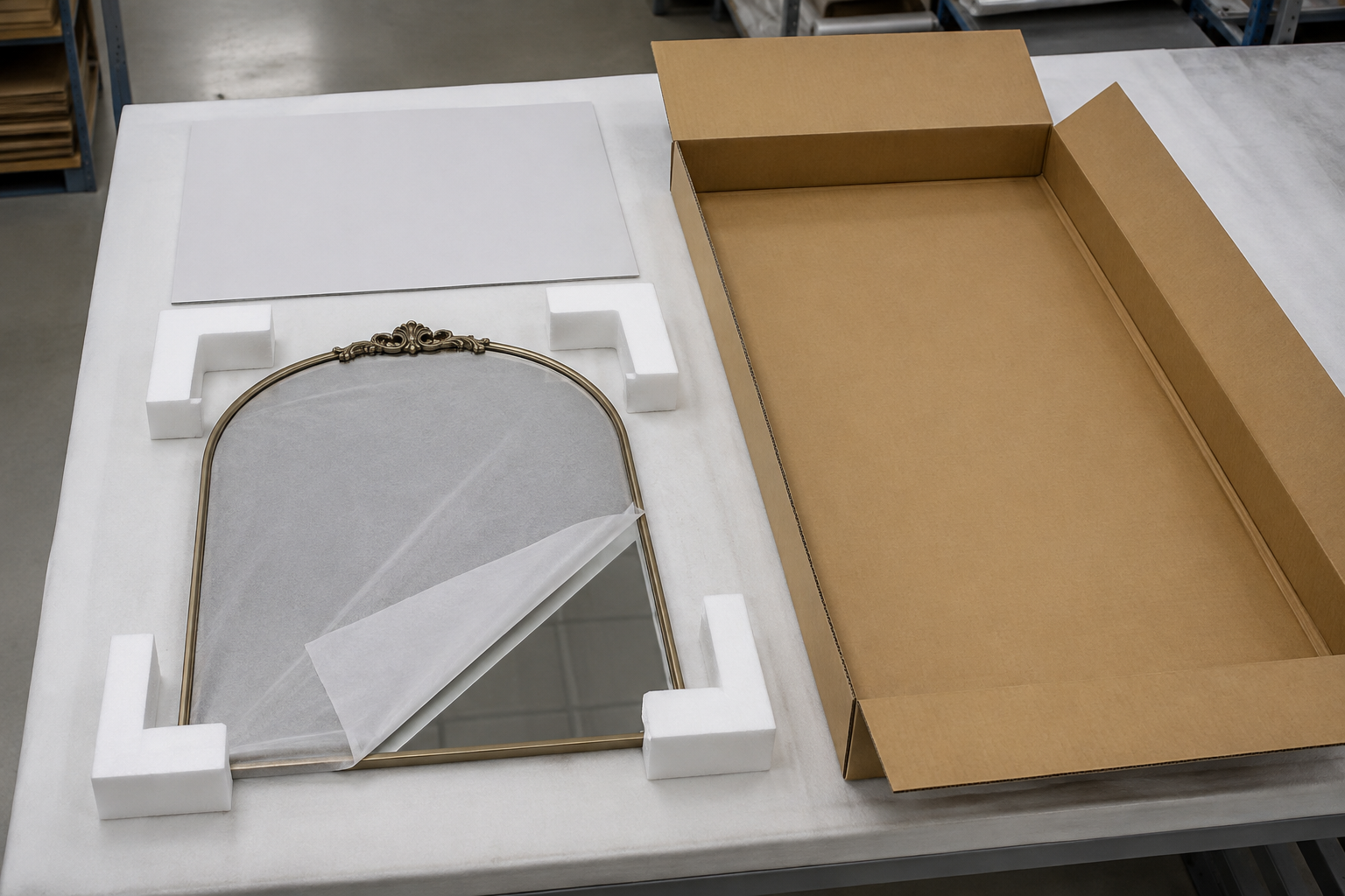Protective sleeve, fitted foam supports, face sheet and export carton prepared for an arched mirror