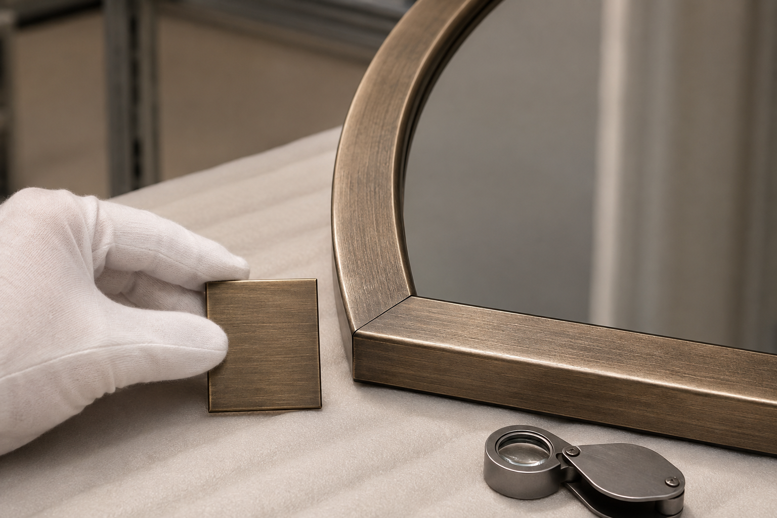 Approved finish sample compared with a clean joint on an antique champagne-bronze mirror frame
