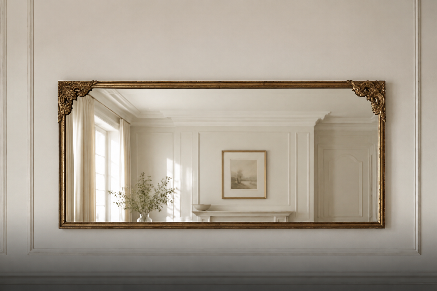 Complete rectangular decorative mirror with a restrained antique-brass frame