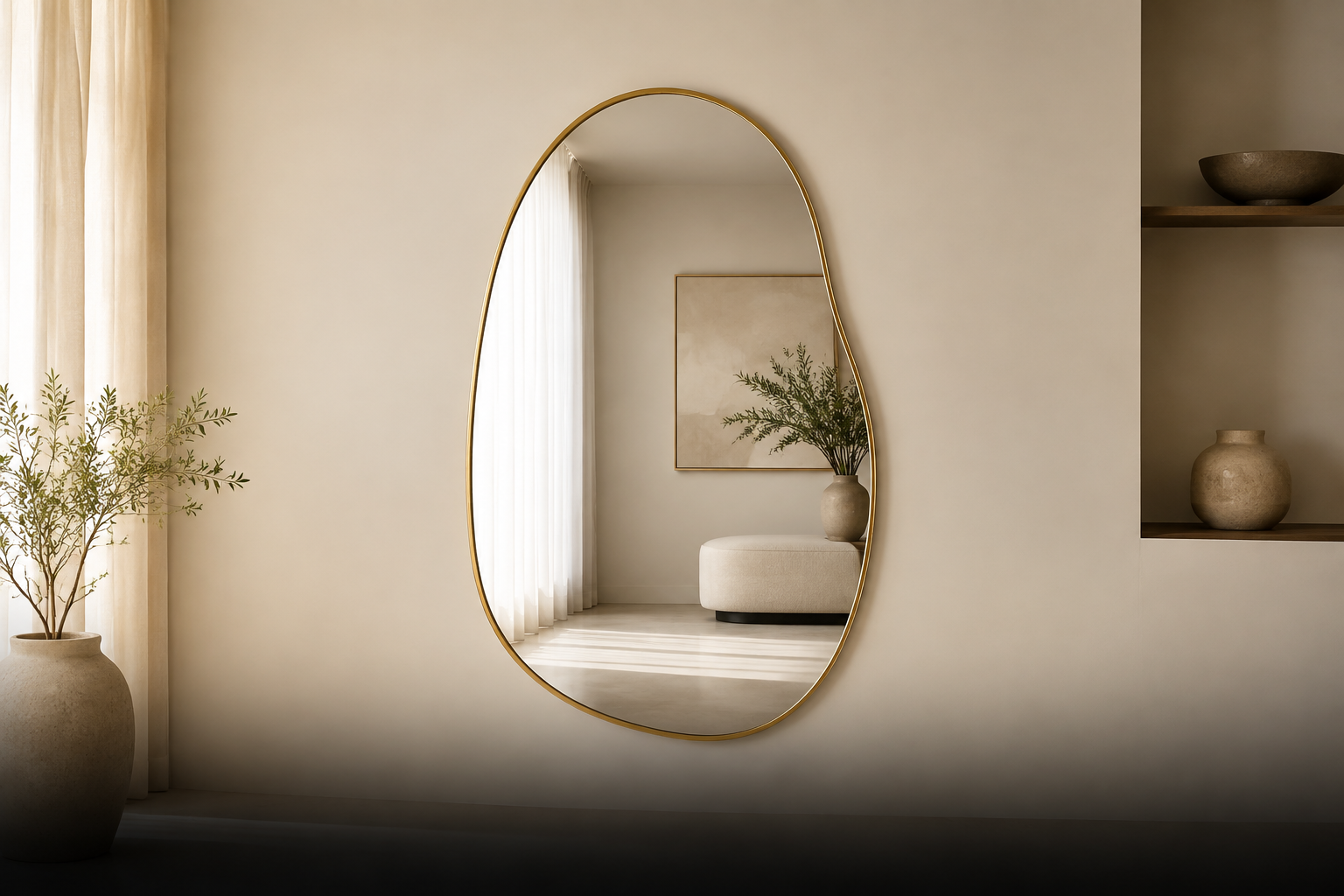 Complete organic irregular decorative mirror with a slim warm-brass frame