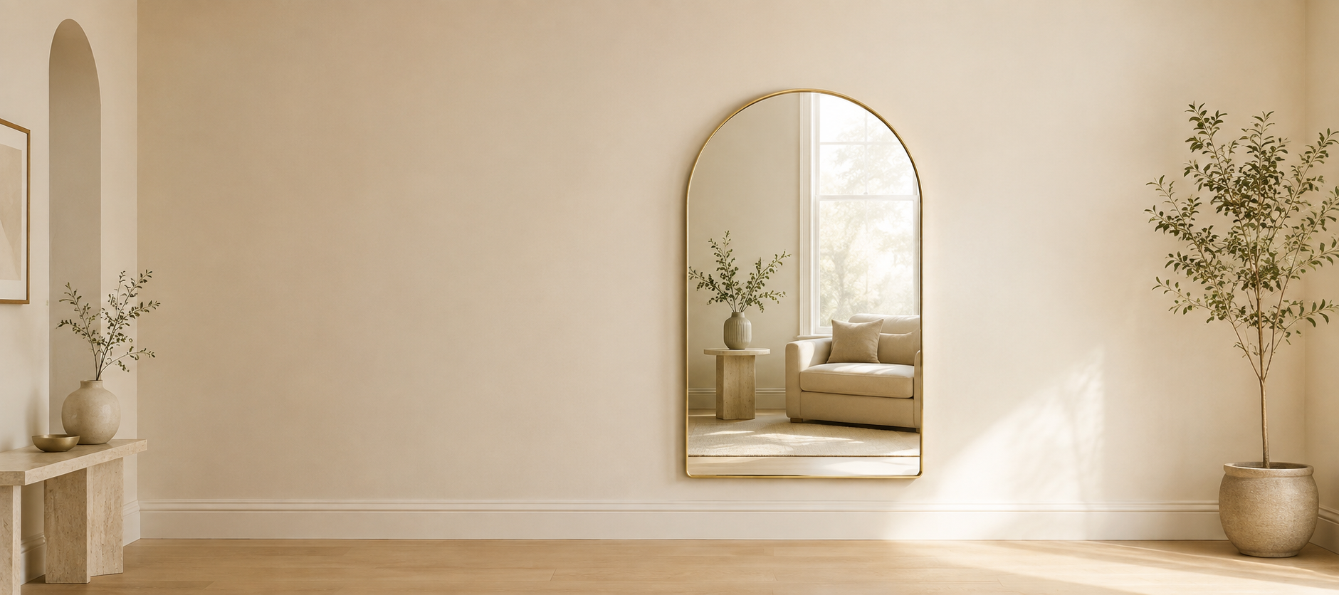 Complete arched decorative mirror with a slim champagne-brass metal frame