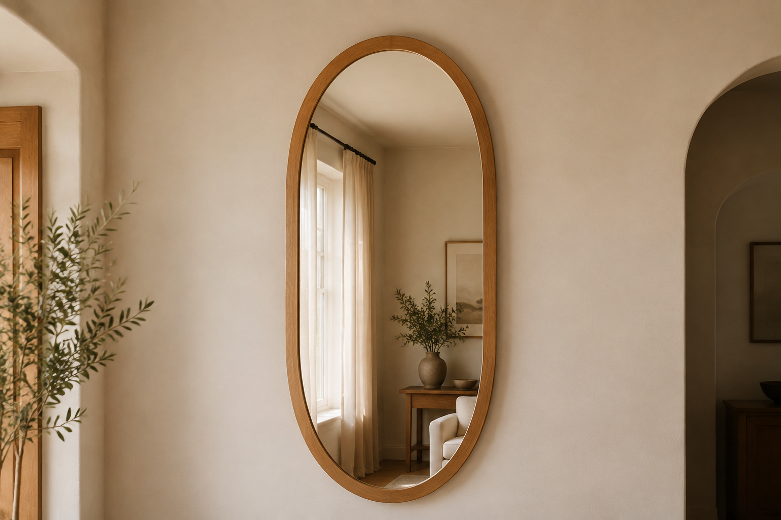 Complete oval decorative mirror with a warm natural-oak frame