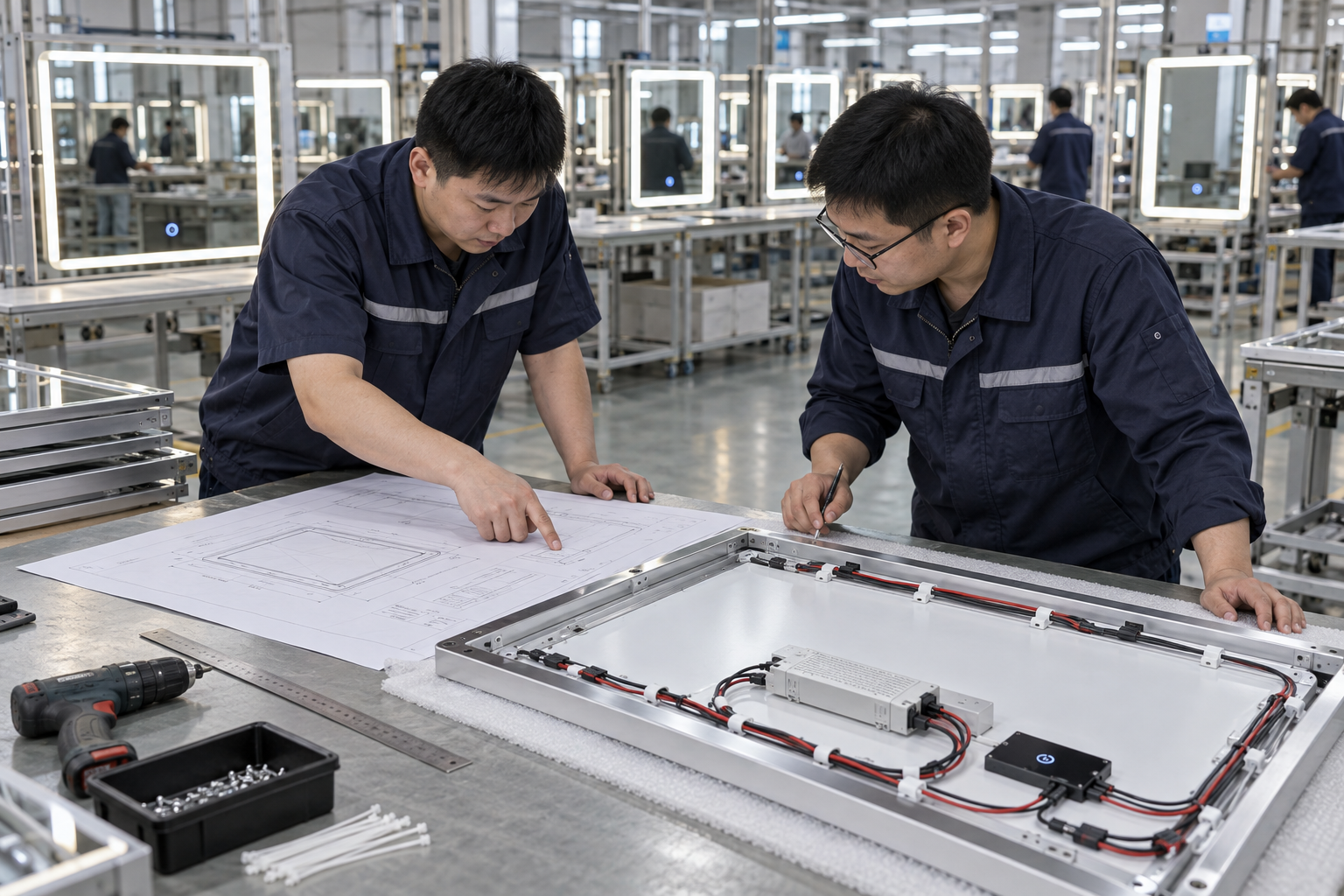 Chinese engineers reviewing a mirror drawing and component layout before sampling