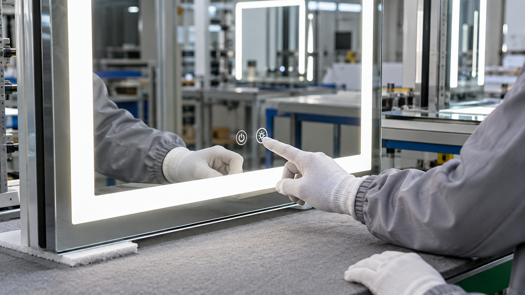 Gloved technician testing dimming and touch controls on an LED bathroom mirror