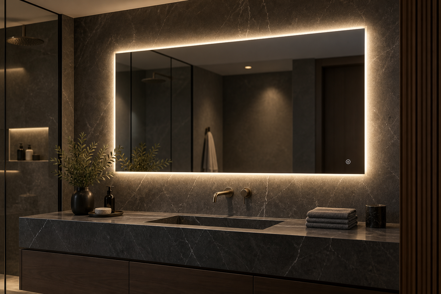 Touch-controlled dimmable LED bathroom mirror