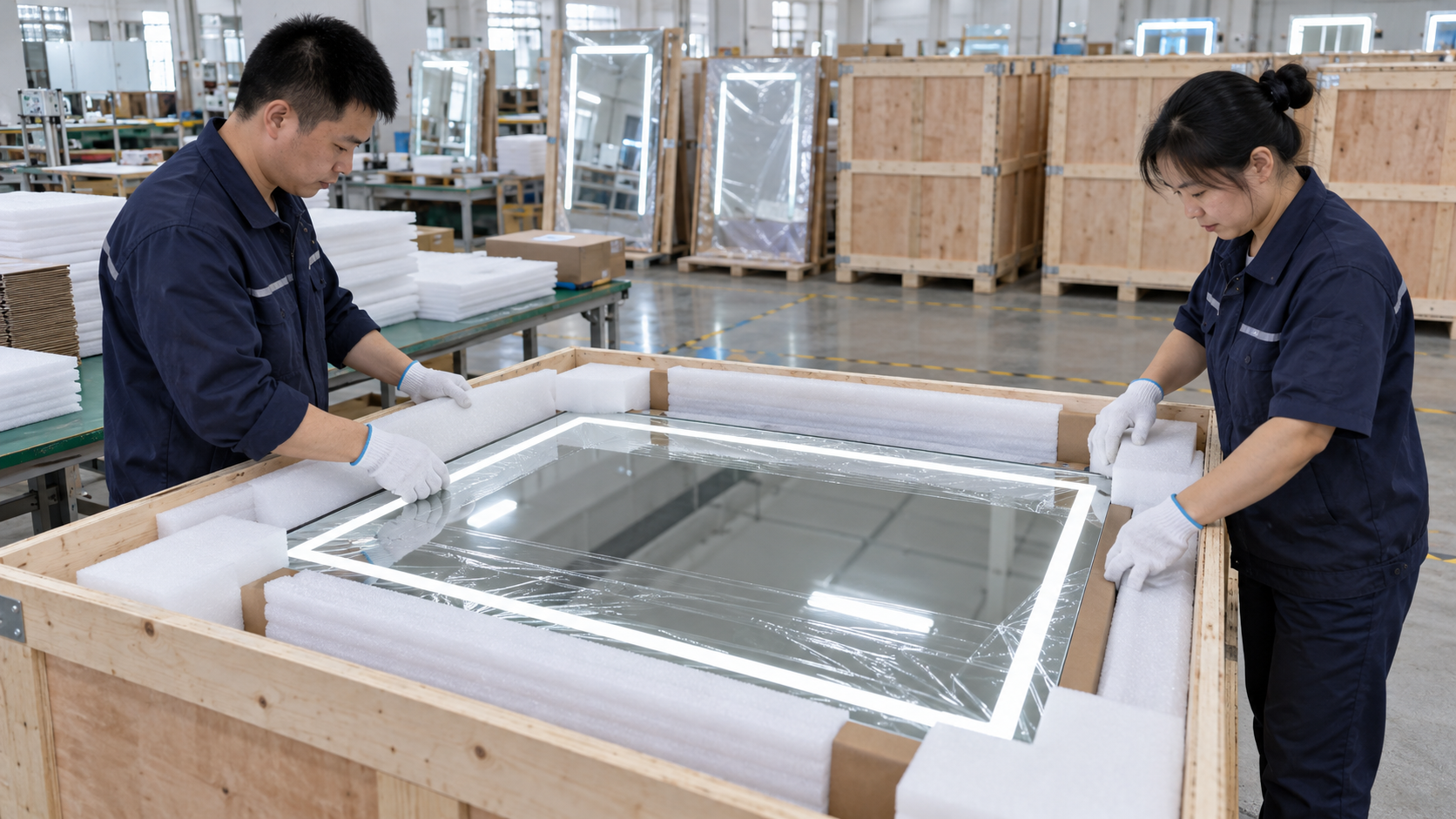 Chinese workers placing an LED bathroom mirror into protective export packaging