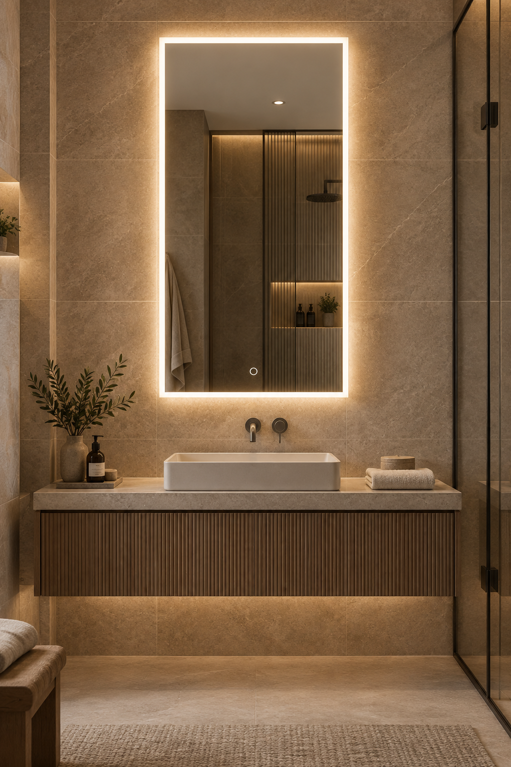 The same LED bathroom mirror shown at approximately 3000K warm white