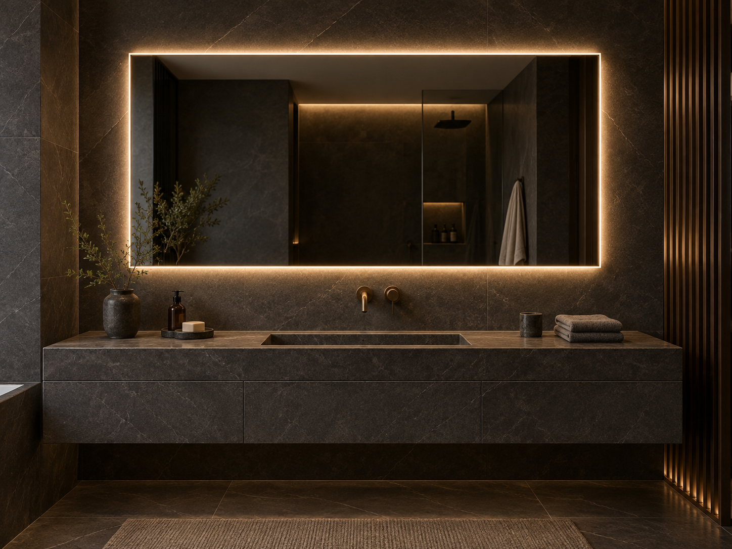 Rectangular backlit dimmable LED mirror in a dark stone bathroom