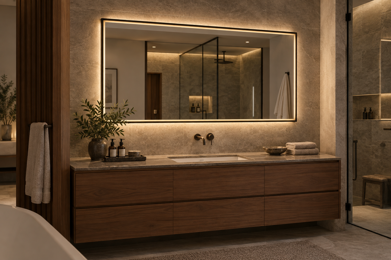 Dark framed dimmable LED mirror in a boutique hotel bathroom